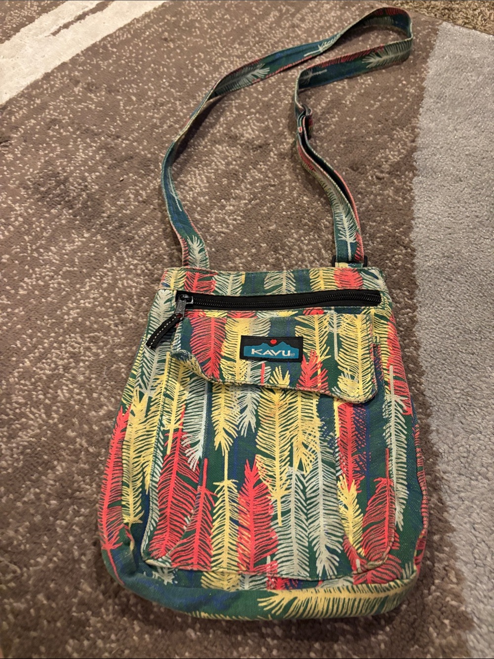 KAVU Teal Crossbody Bag with Yellow & Red Feather Print